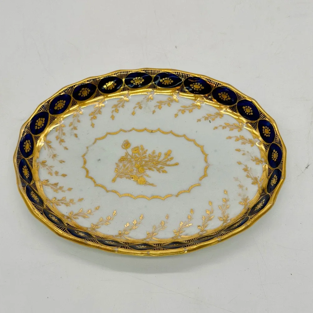 Antique‎ Cobalt Blue Gold Gilt Porcelain Oval Trinket Dish Floral Scalloped Rim